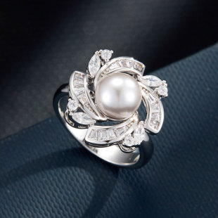 A light luxury and high-end grey pearl camellia open ring, a copper alloy slightly inlaid zircon adjustable index finger ring pic 4