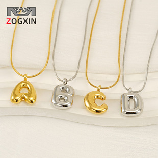 Cross-border 18K gold shell round stainless steel letter necklace, fashionable European and American titanium steel ring 26-letter pendant for women pic 2