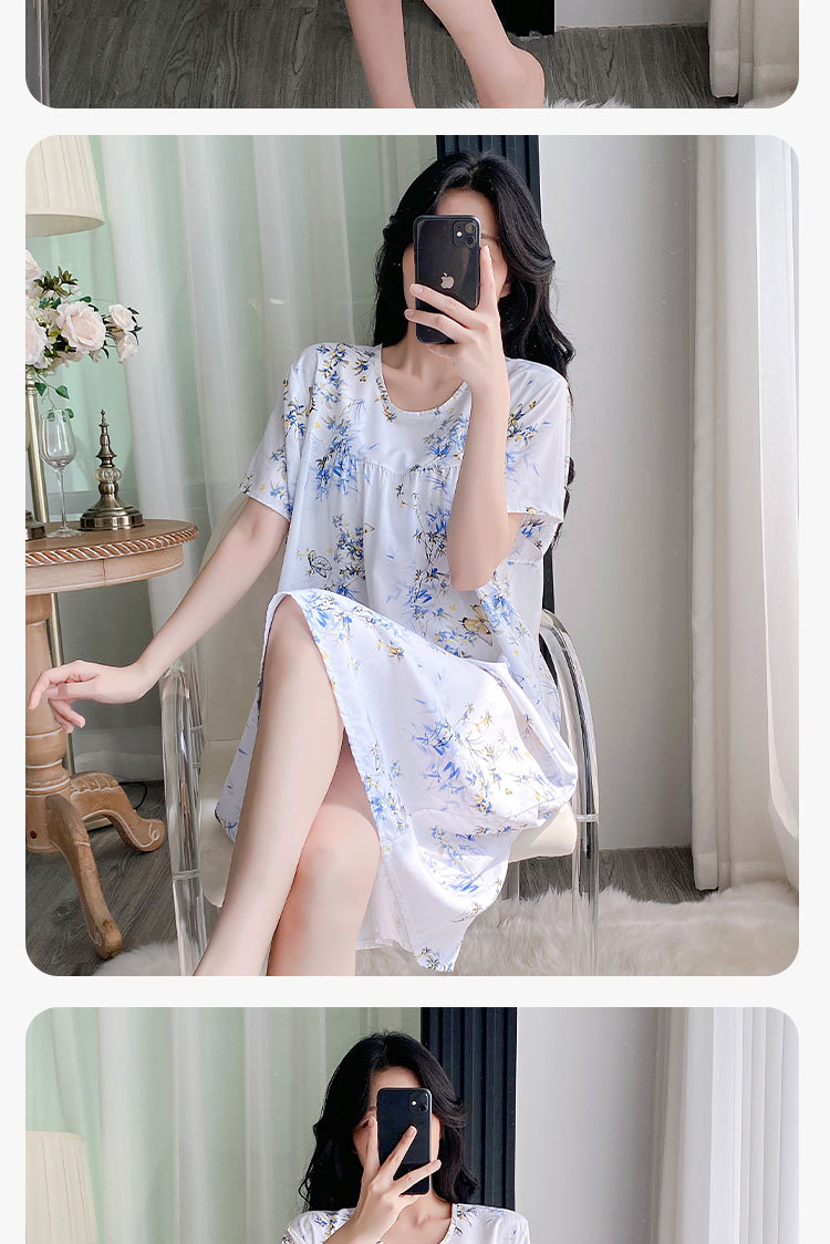 Summer cotton silk belt cushioned nightgown for middle-aged women, short sleeves for mothers, 45-piece artificial cotton home wear, pajama skirt pic 17