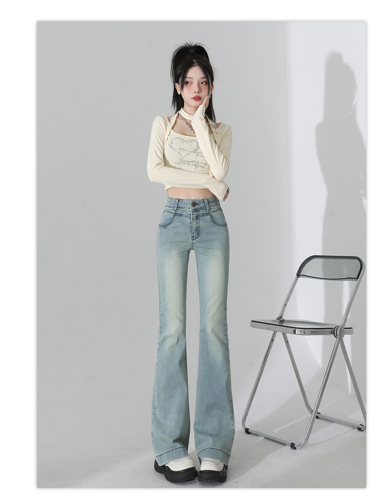 浅蓝色微喇叭牛仔裤女2025年秋季新款高腰设计感弹力小个子喇叭裤详情9