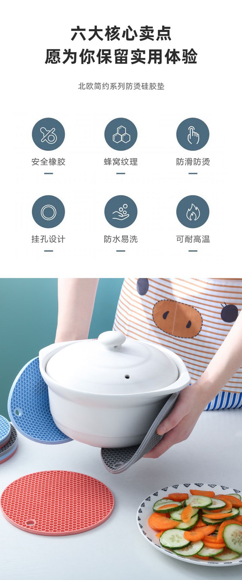 圆形硅胶砂锅垫蜂窝隔热垫餐桌垫硅胶杯垫防滑隔热厨房防烫耐高温详情4