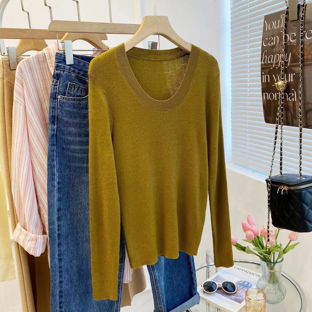 U领针织衫女韩国东大门露锁骨修身纯色安迪绒打底衫安迪绒长袖衫详情30