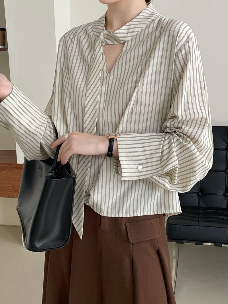 滔川  韩系高级感飘带领条纹衬衫女秋季独特别致时尚长袖上衣2588详情12