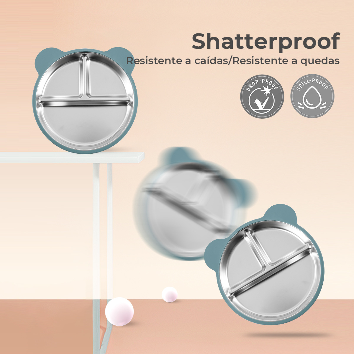 食品级硅胶不锈钢304儿童餐盘20CM分隔式带吸盘防摔卡通熊猫餐盘详情6