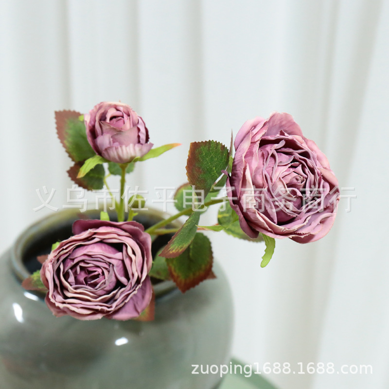 3头烤边玫瑰仿真花家居客厅装饰绢花玫瑰花拍摄道具花橱窗花批发详情2