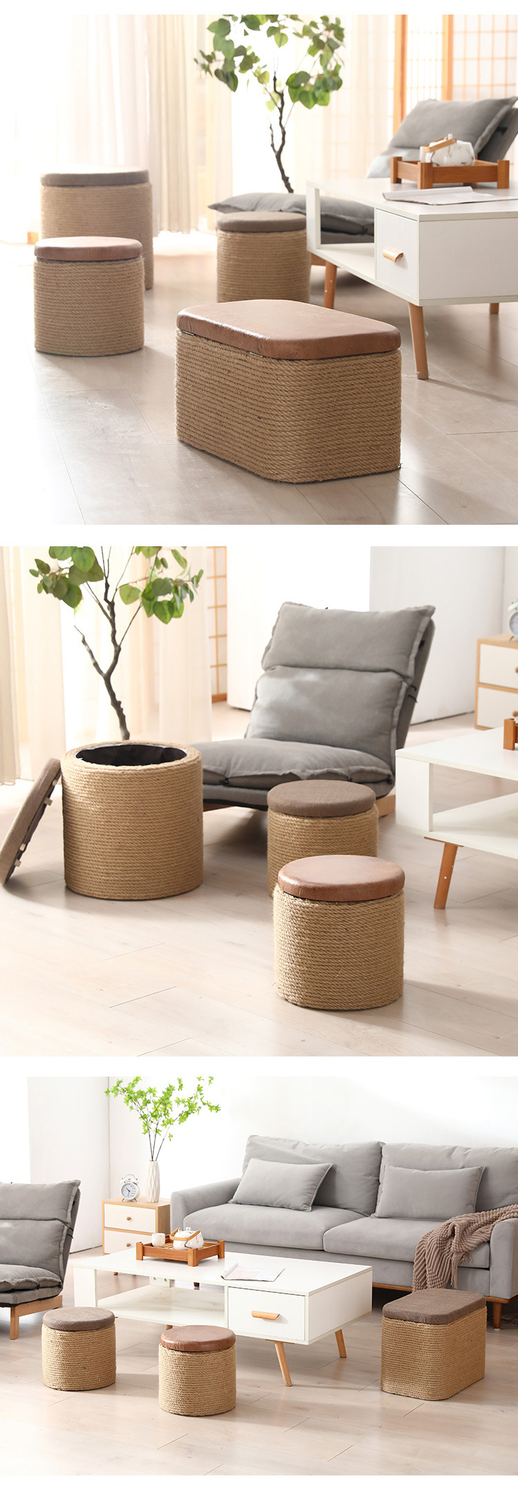 Solid wood hemp rope living room home shoe changing stool, storage stool, foot rest sofa, square stool, sitting box, organizing and storage box, simple and practical storage stool pic 6