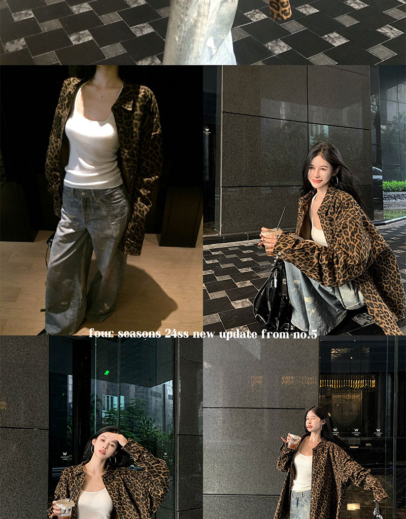 美式复古豹纹Polo领衬衣外套女早秋慵懒风宽松气质中长款风衣上衣详情7