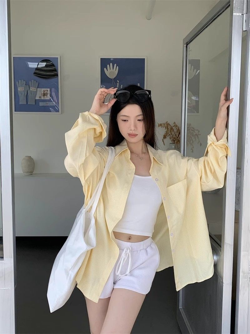 复古港风条纹衬衫外套女春夏长袖休闲垂感衬衣设计感上衣跨境批发详情15