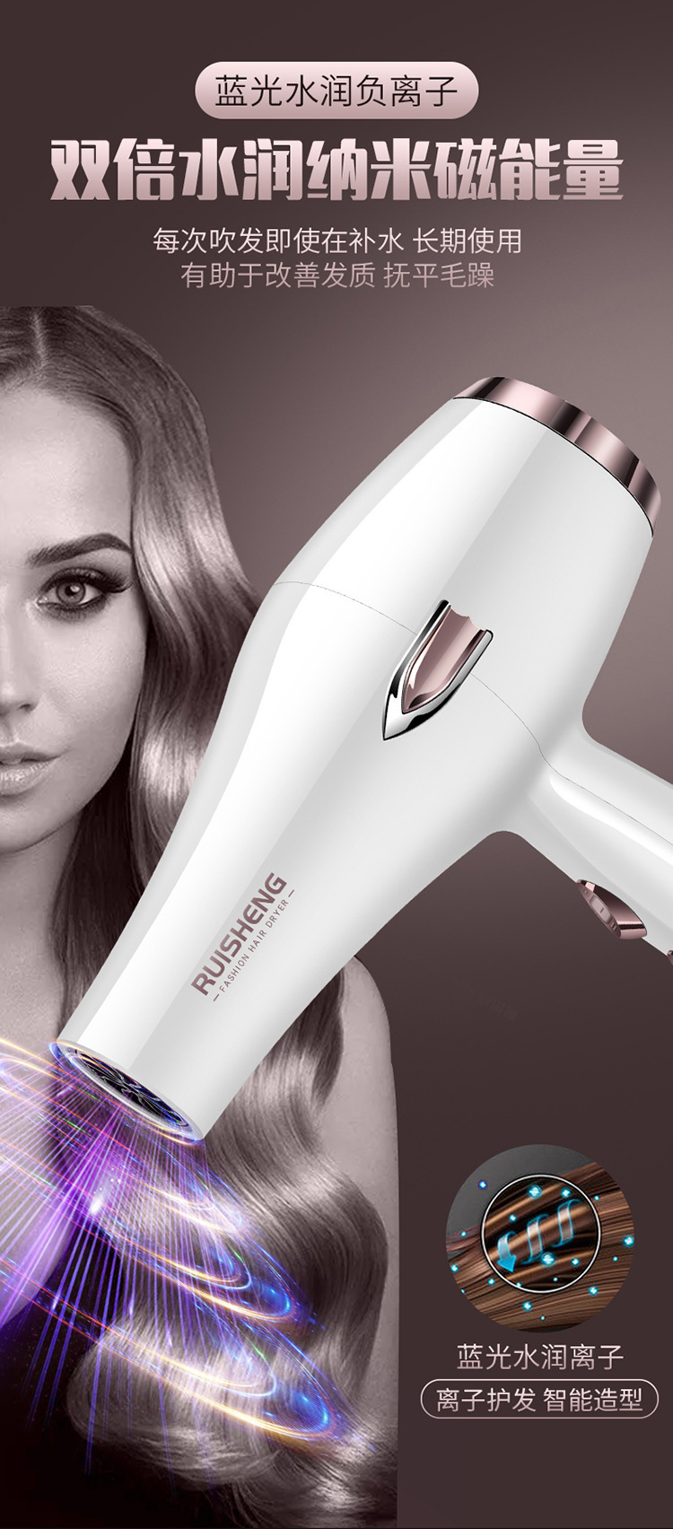 German hairstylist hair dryer, hair salon, high-power household strong air cooling, hot air, blue light negative ion hair care roll pic 10