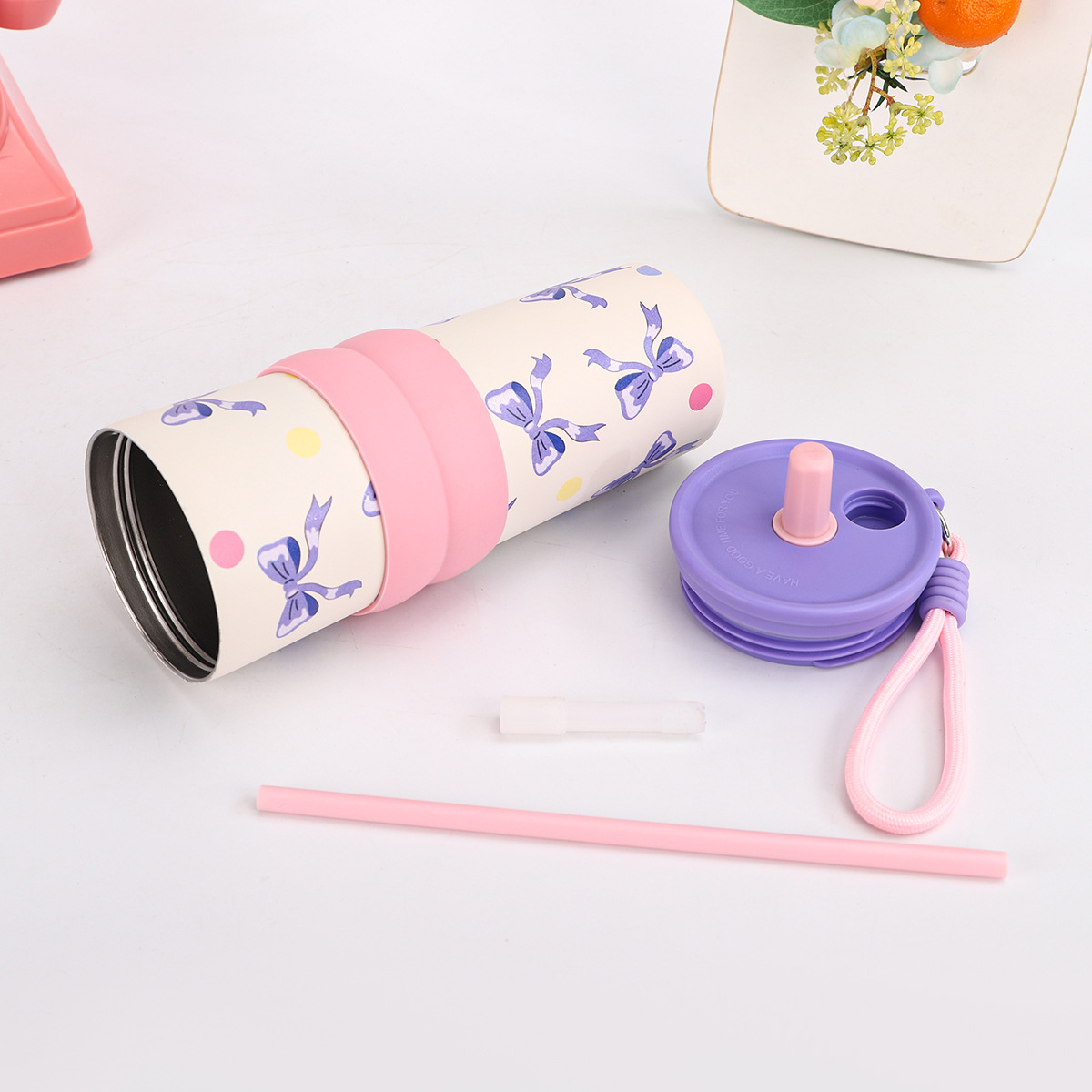 卡通插画提绳吸管杯304不锈钢真空保温杯车载保冷冰霸学生水杯详情11