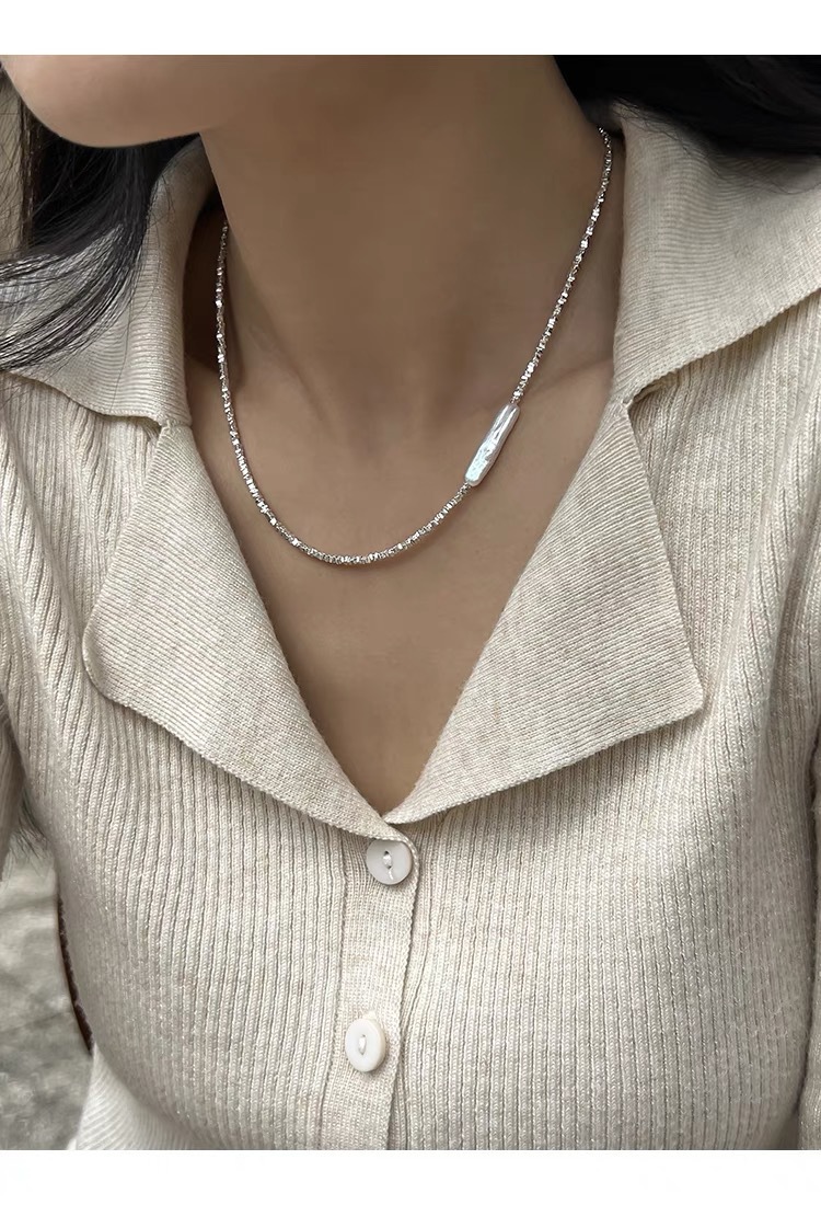 巴洛克异形淡水珍珠小银条珍珠项链镀银碎银子轻奢气质时尚锁骨链详情12