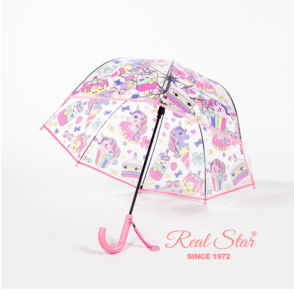 25新款儿童彩色公主伞带包边可爱透明塑料印刷独角兽雨伞现货批发详情17