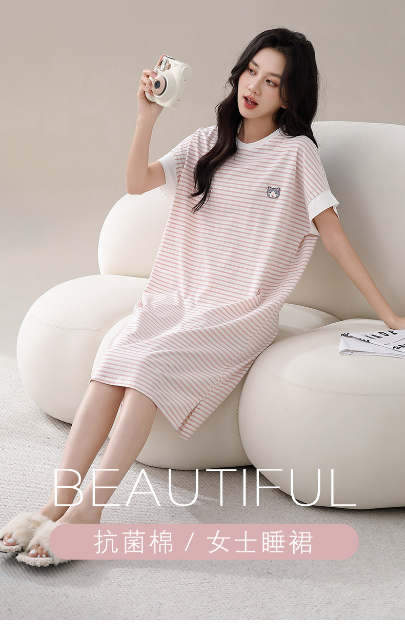 Pure cotton nightgown for women, summer short-sleeved mid-length dress, casual striped home wear for women, new thin style that can be worn over pajamas for women pic 5