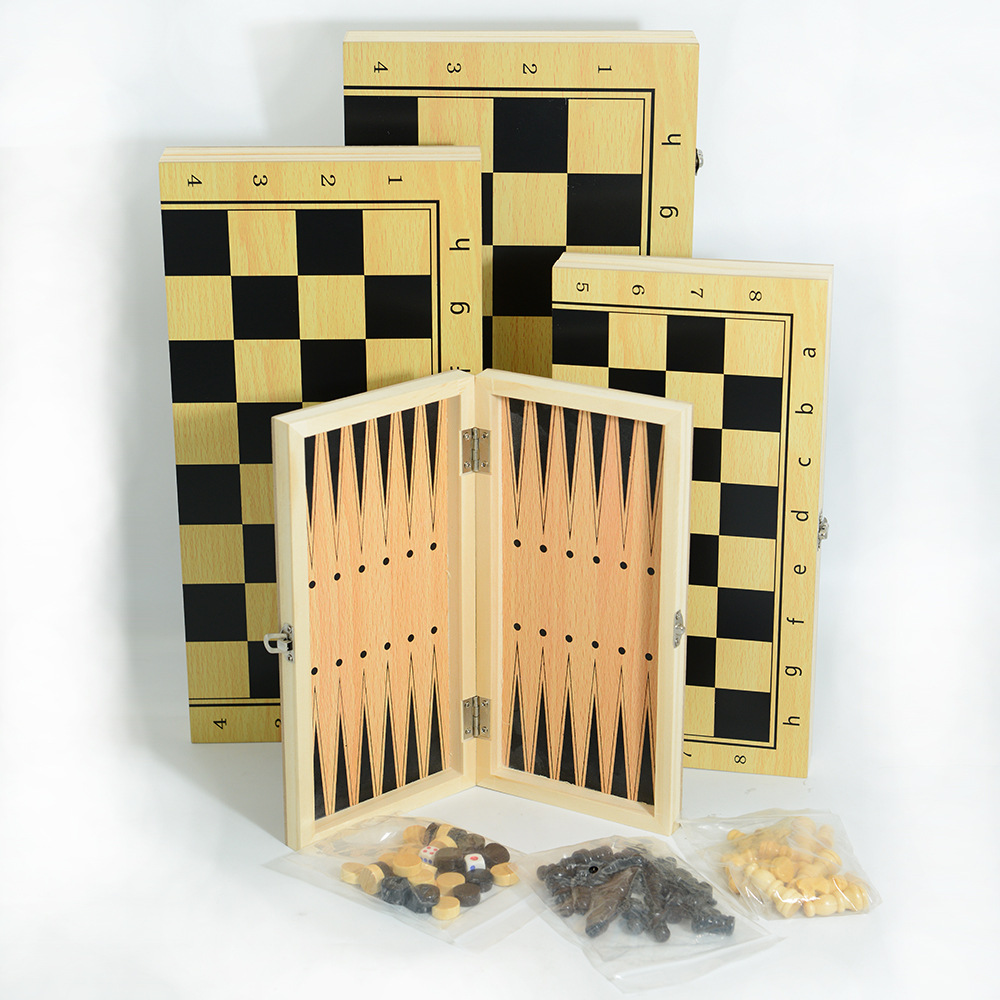 Direct sales from the manufacturer of three-in-one wooden chess solid wood set, foldable portable competitive and educational toys pic 1