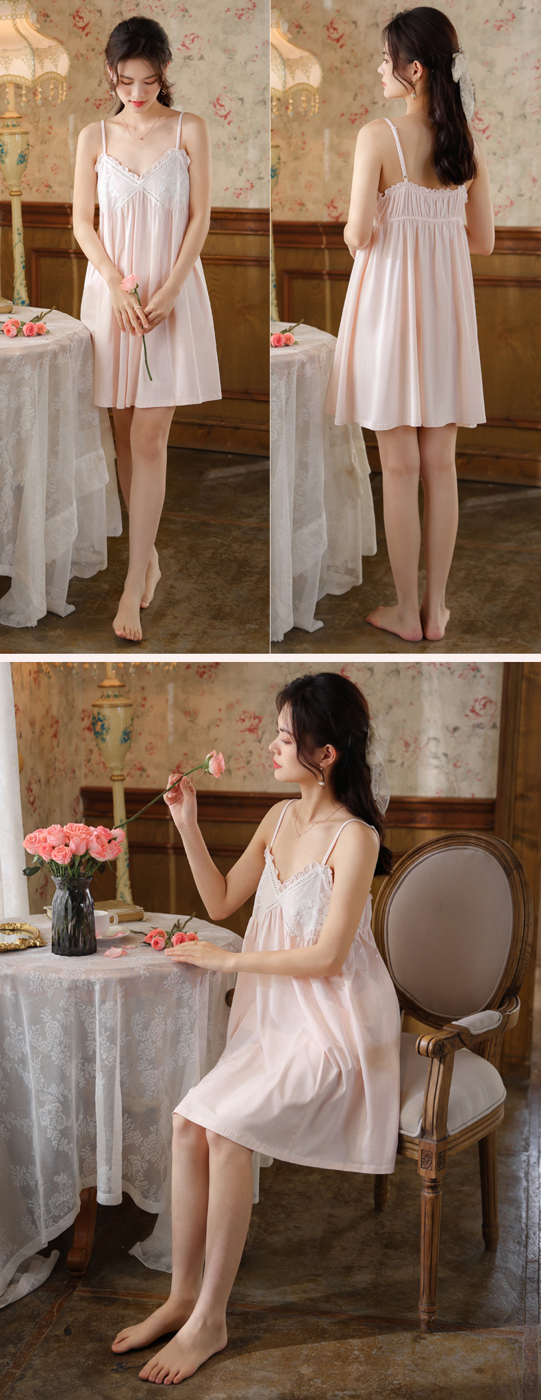 吊带睡裙女夏宫廷风性感蕾丝纯欲长款睡衣裙带胸垫可外穿家居服棉详情16