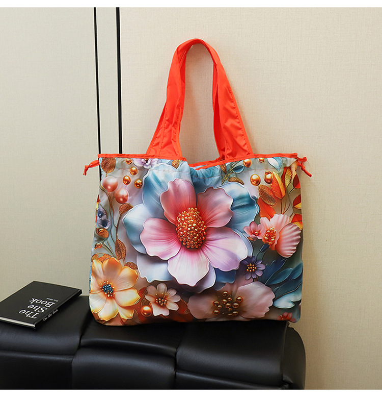 大容量花朵印花单肩包防水购物袋尼龙外出托特包时尚复古手提包详情34