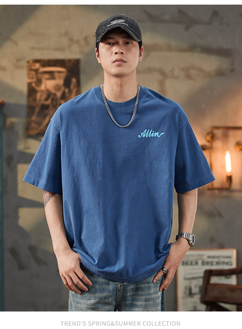 ALLIN pure cotton heavy-duty short-sleeved T-shirt for men, a summer trendy brand with three-dimensional printed letters and loose round-neck couple tops pic 43
