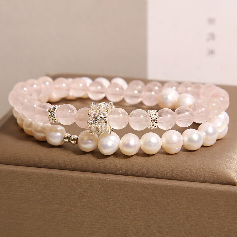 New Chinese-style pink crystal bracelet for women, light luxury, niche and exquisite natural pearl double-loop layered bracelet, high-end jewelry pic 2