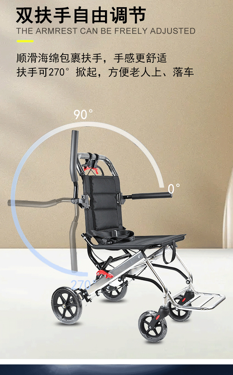 佛山厂家定制小型轮椅 铝制轻便折叠可上飞机 老人代步神器手推车详情6