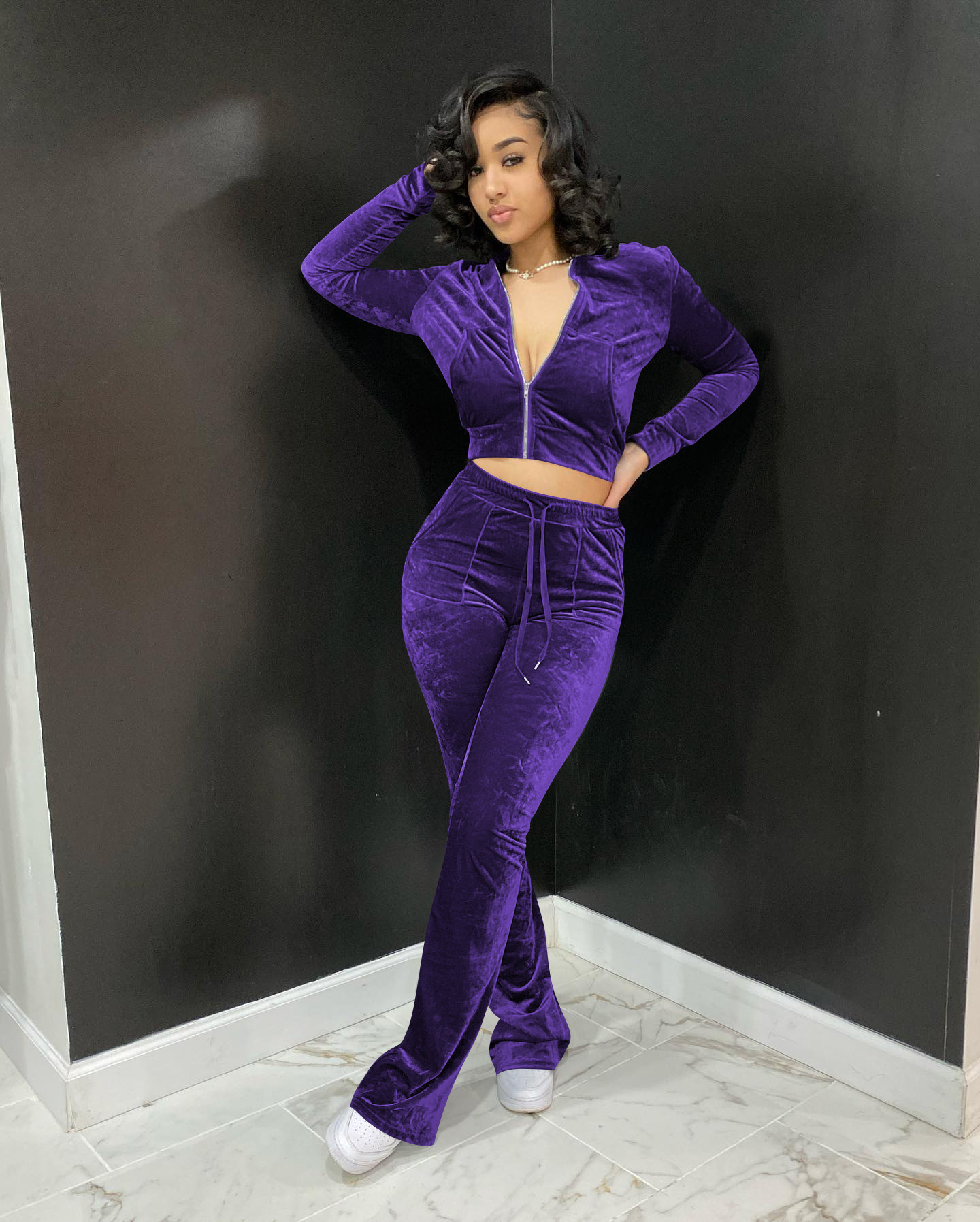 Solid color gold velvet wide-leg pants two-piece set pic 144