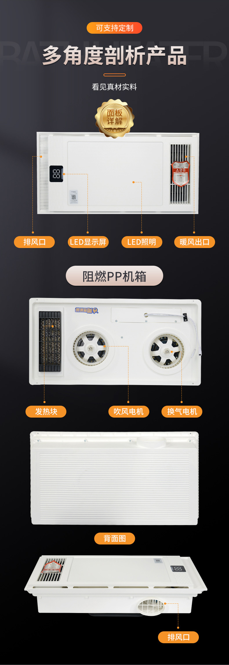 卫生间普通集成吊顶风暖浴霸排气照明一体机工厂批发浴室暖风机详情11