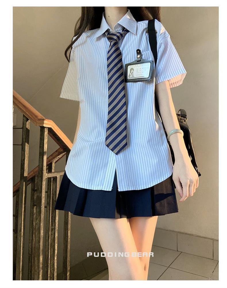 日系jk制服学院风宽松百搭别致条纹衬衫短袖衬衣女夏季新款上衣详情11