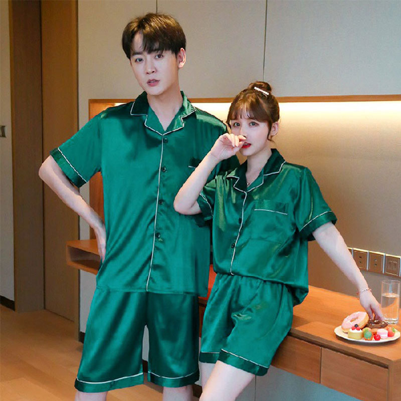 A wholesale set of short-sleeved couple pajamas for spring and autumn, featuring solid ice silk color faux silk for both men and women, can be worn as outerwear for home wear pic 14