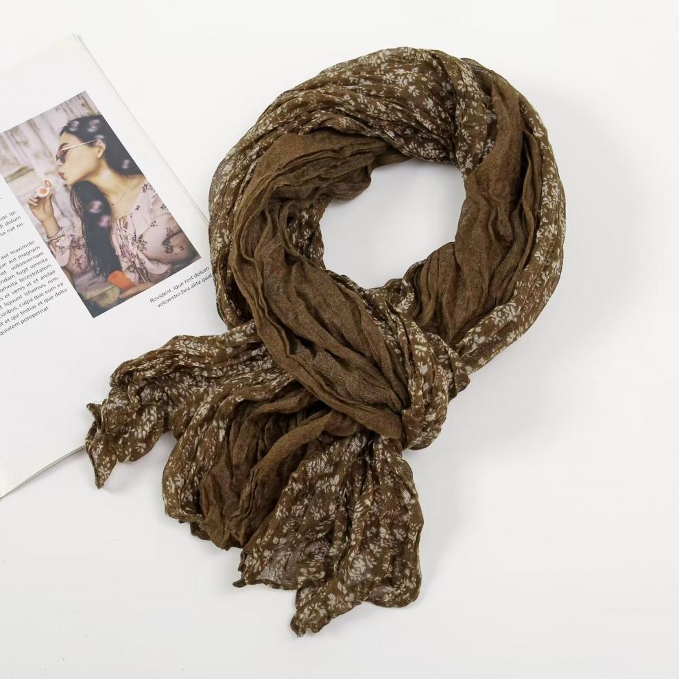 春秋麻花围巾褶皱简约百搭丝巾韩版外贸碎花披肩巴厘纱围巾女围脖详情9