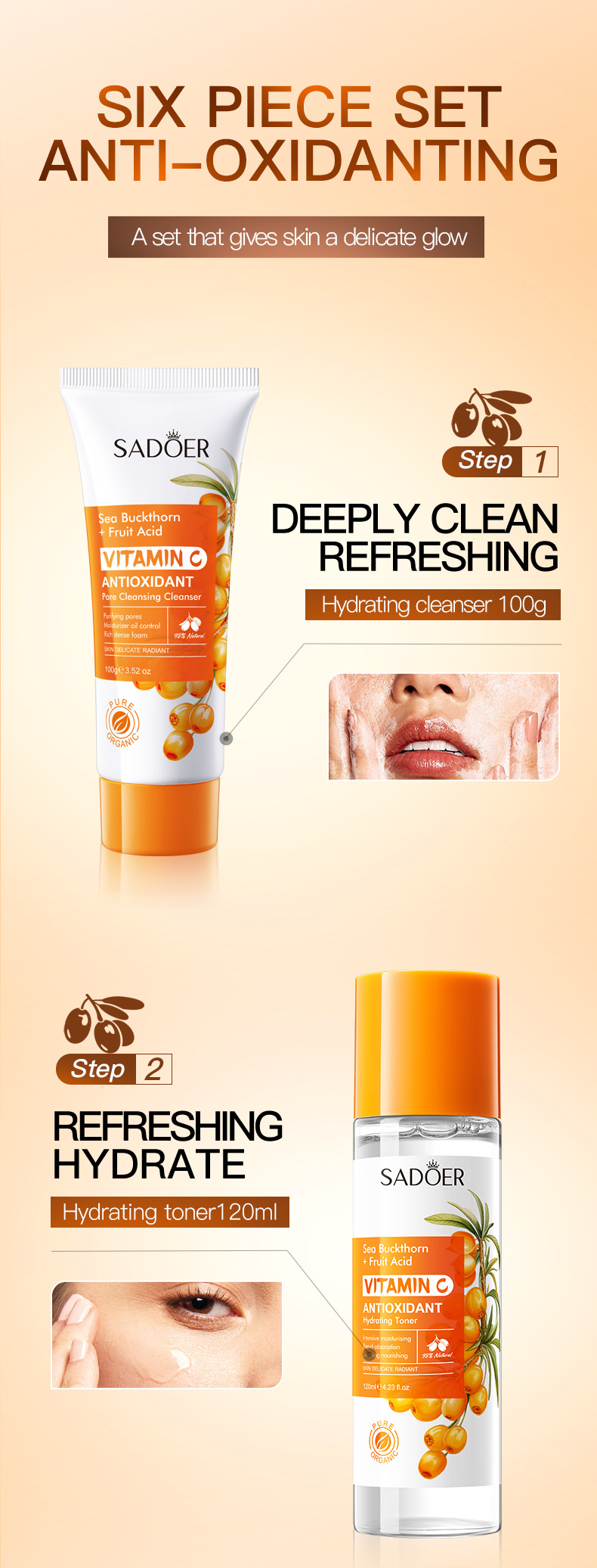 Cross-border export wholesale of all-English sea buckthorn vitamin C Antioxidant six-piece SADOER moisturizing set pic 9