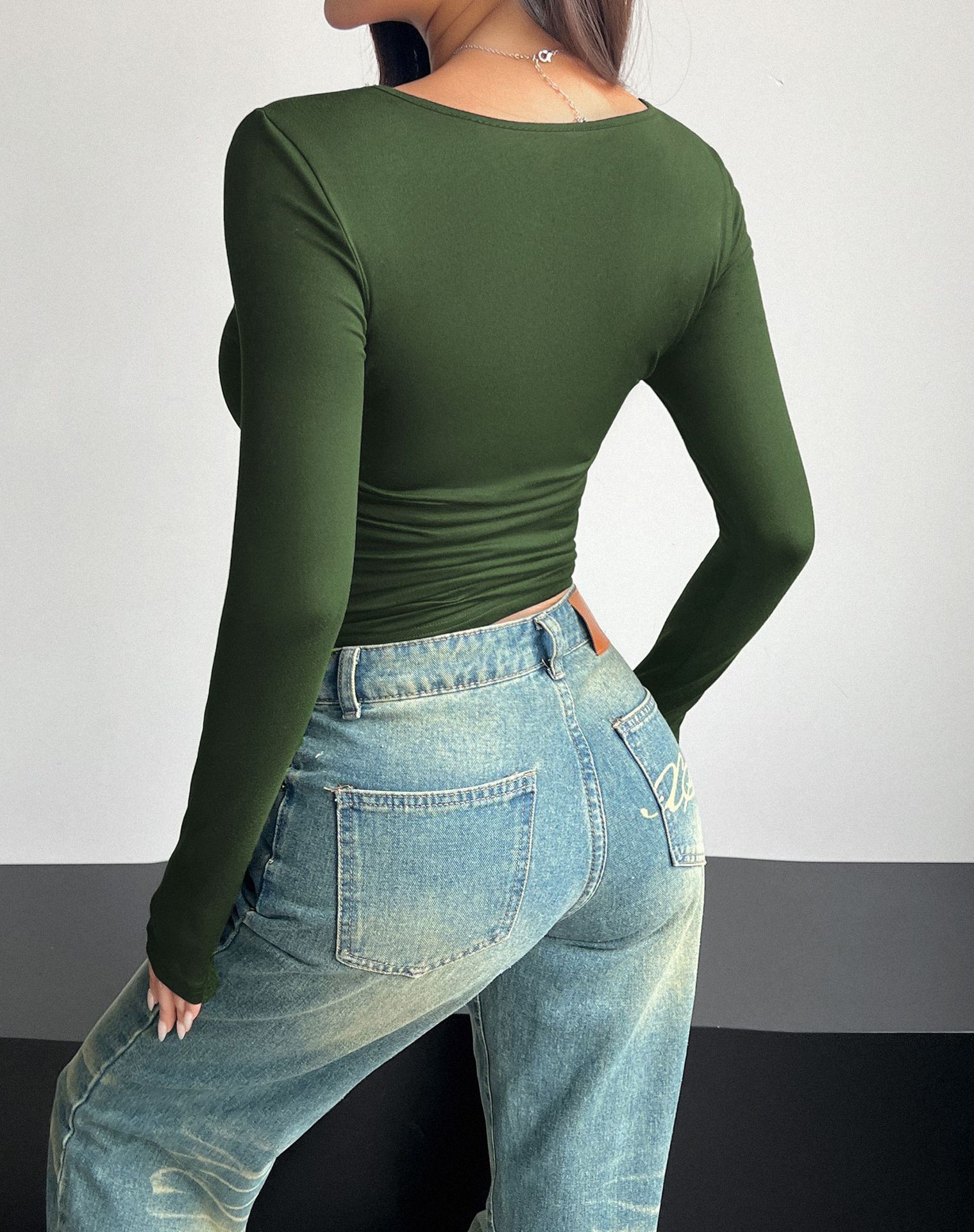 Diyun Cross-border European and American 2024 Spring/Summer Y2K new square-neck long-sleeved pullovers tight casual fashion top for women pic 64