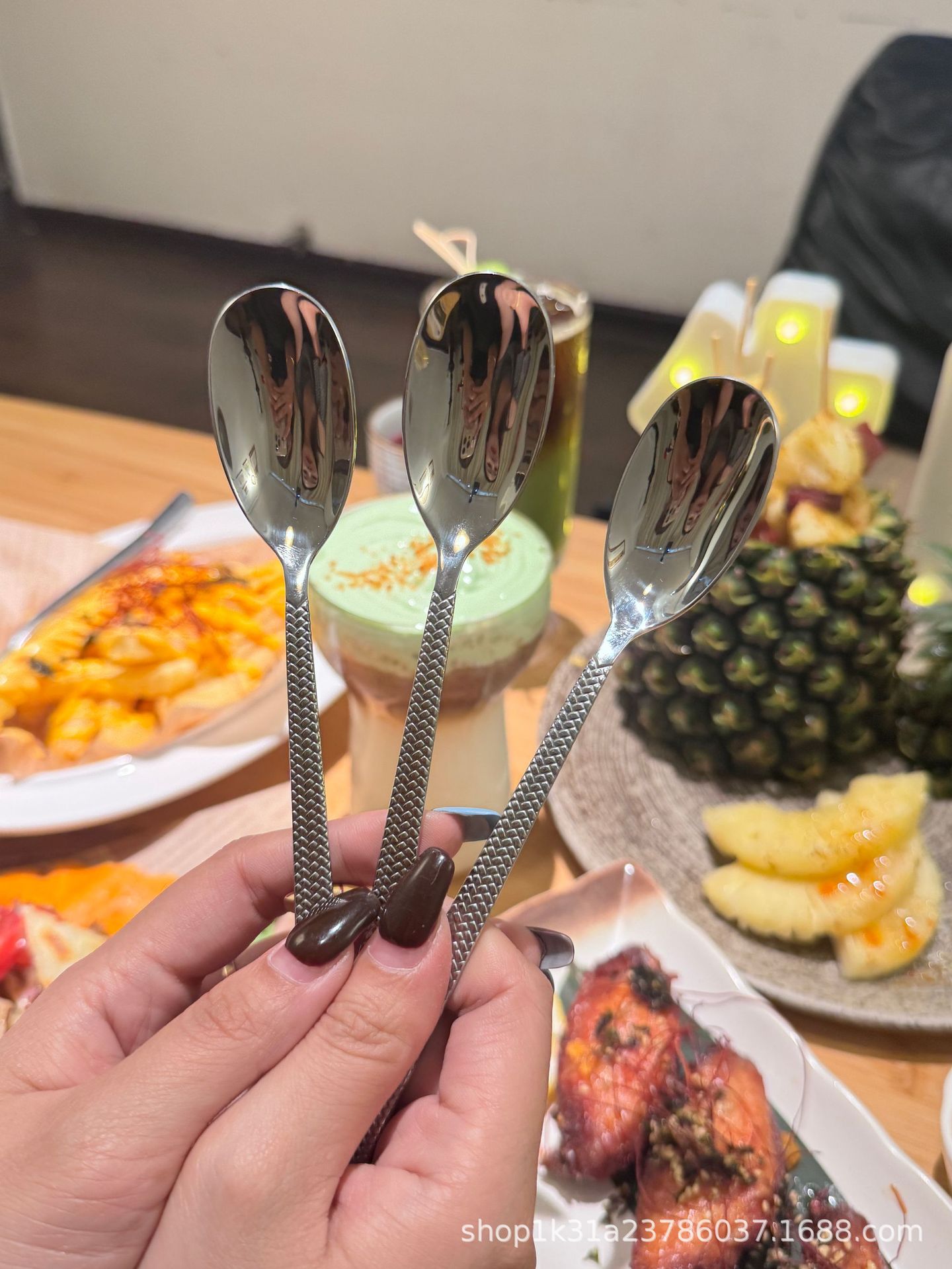 藤编织纹不锈钢勺子加厚搅拌冰勺长柄勺家用吃饭汤勺调羹厂家批发详情2