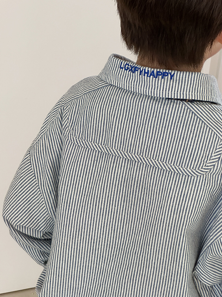 艾摩贝贝2024秋男女童竖条纹刺绣水洗全棉衬衫中大童气质翻领上衣详情13