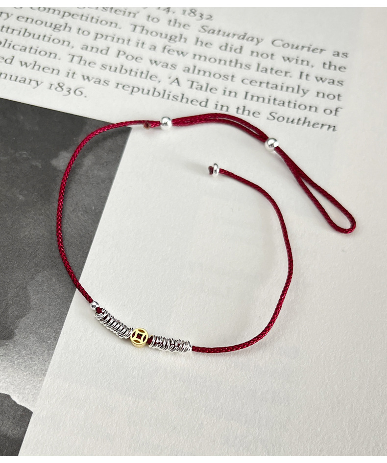 925纯银金银拼色钱币银圈红绳脚链女简约新中式设计脚裸链F4074详情12