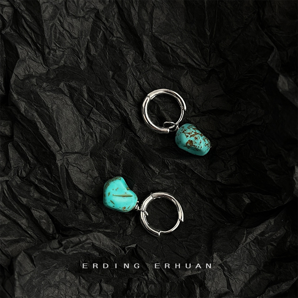Original design sense, ethnic style, handcrafted synthetic turquoise, artistic and retro, irregular and irregular-shaped earrings, factory earrings pic 9