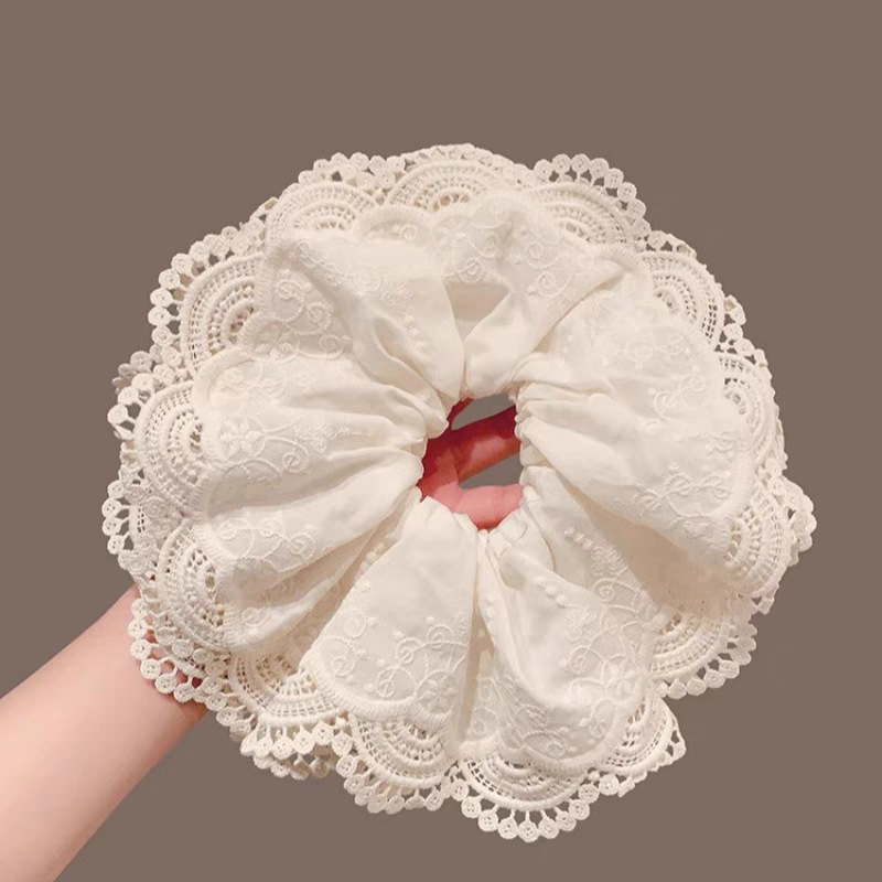 Korean-style large intestine hair band with a high-end feel, a large beige double-layer lace large intestine hair band at the back of the head, a ponytail hair band pic 3