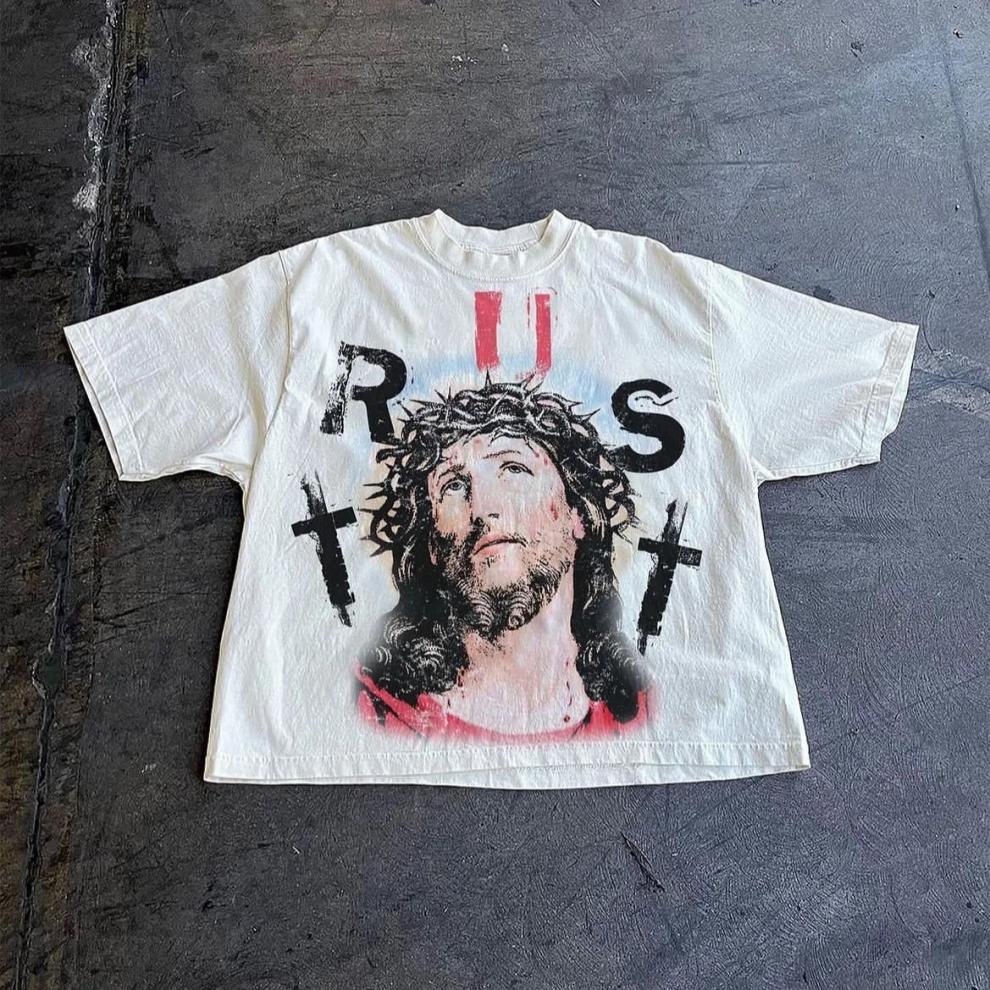 2026 Cross-border street classic printed T-shirts for men, loose T-shirts for men and women, hip-hop street printed T-shirts for couples pic 10