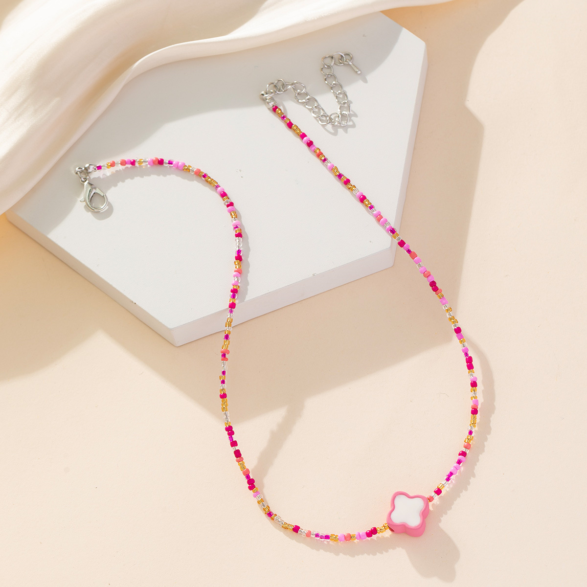 Colorful candy four-leaf flower rice bead beaded necklace, with a unique little Chanel style, sweet and elegant, high-end design, collarbone chain for women pic 1