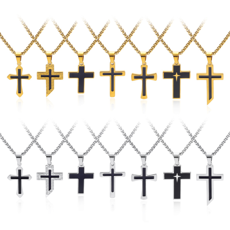 Cross-border European and American oil-dripping cross necklace for men, punk hip-hop simple and versatile long titanium steel necklace for both men and women pic 9