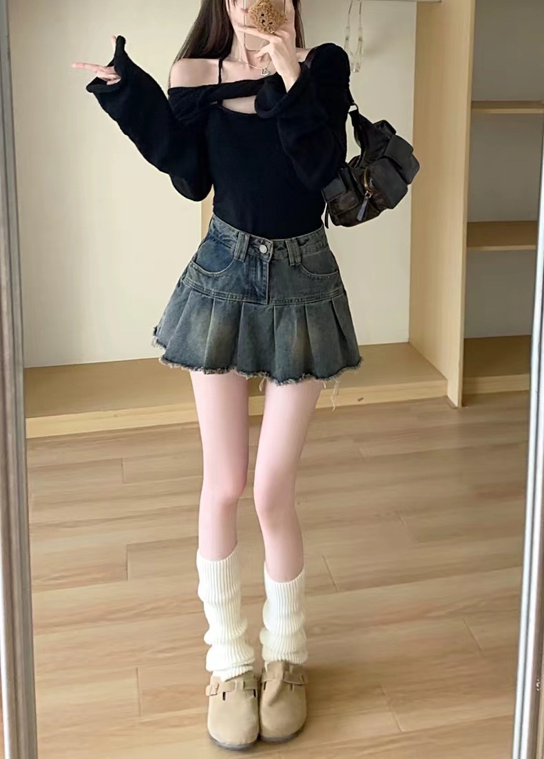 辣妹复古百褶牛仔半身裙女2024新款夏季高腰a字防走光包臀短裙子详情3