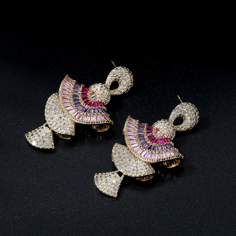 欧美重工彩色锆石小裙子耳饰S925银针耳坠立体渐变粉色扇形耳环详情18