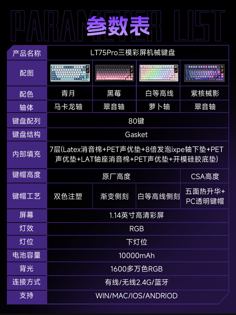 狼途LT75蓝牙无线键盘三模连接客制化办公高颜值电竞游戏机械键盘详情21
