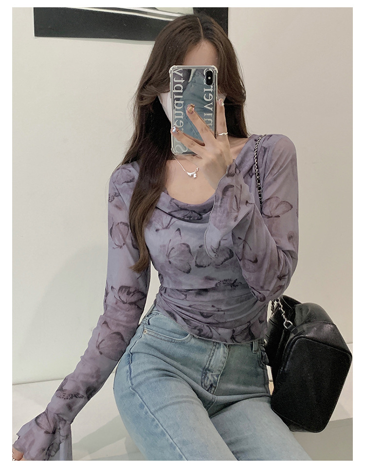 实拍纯欲防晒网纱T恤2024早秋季新款纯欲褶皱不规则气质性感上衣详情10