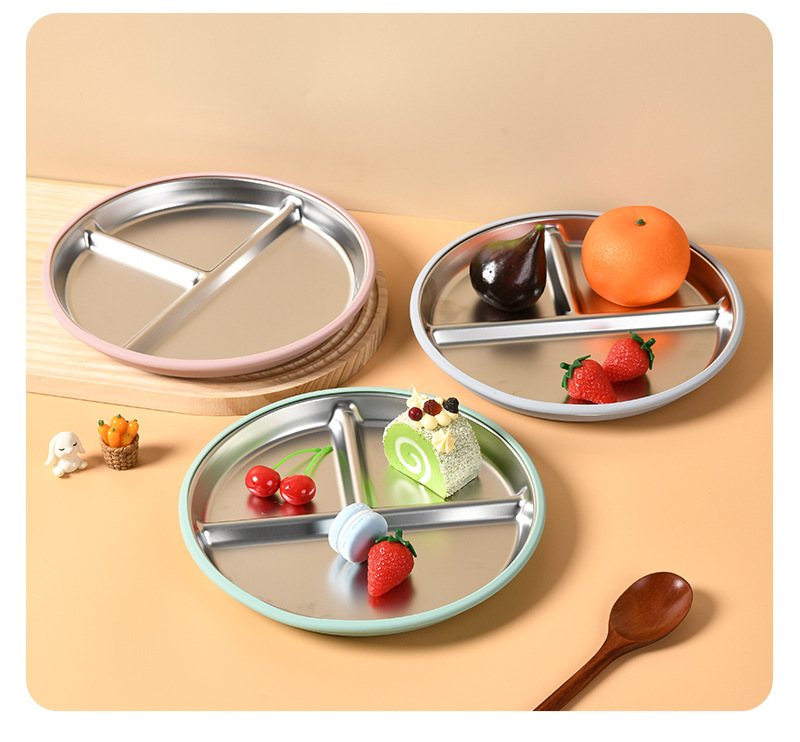 硅胶不锈钢分隔盘 儿童喂养餐具 不锈钢分格餐盘 硅胶防滑吸盘套 隔热安全 现货供应详情17