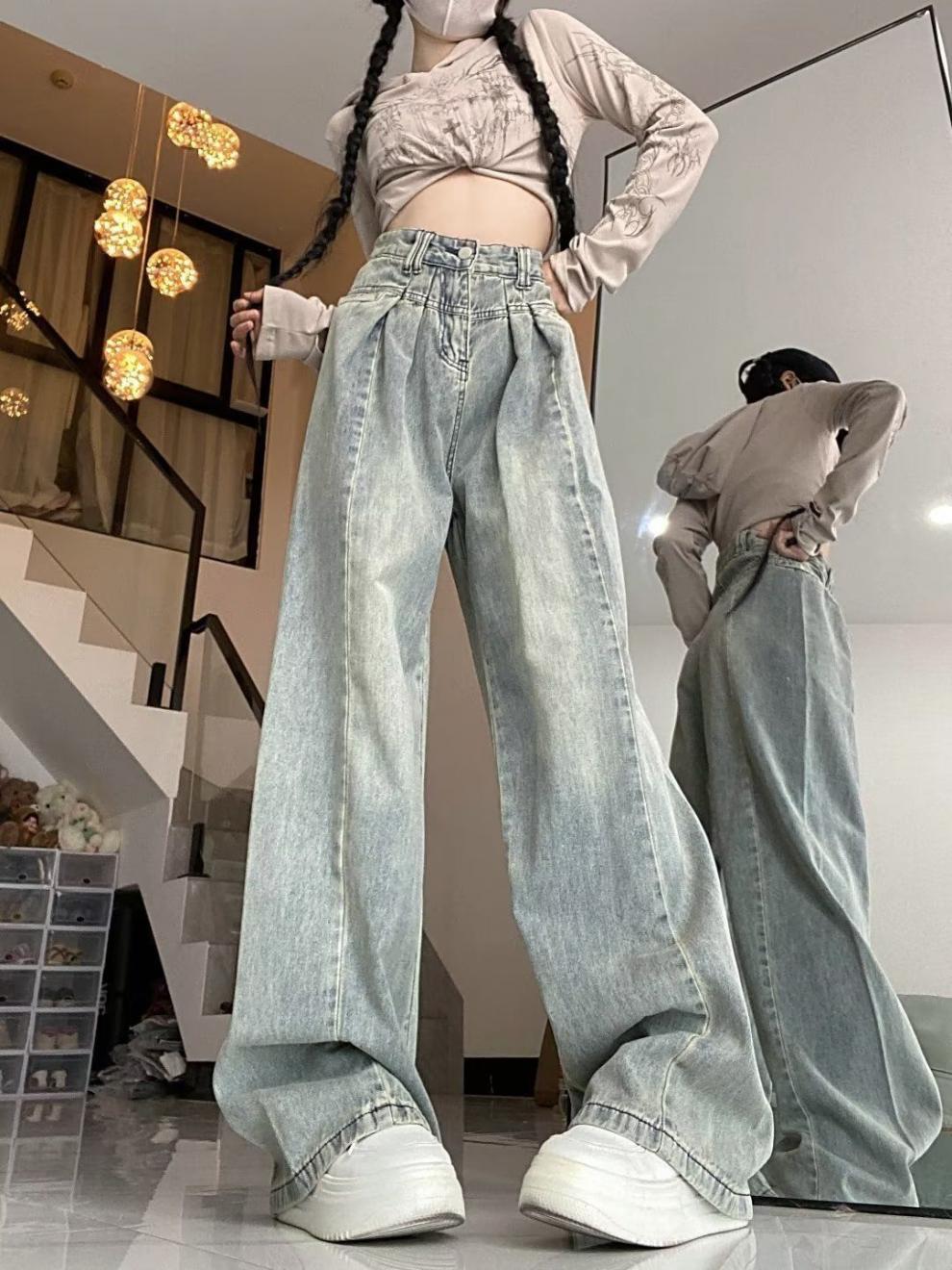 浅色复古阔腿高腰牛仔裤女秋季显瘦宽松大码胖拖地垂感直筒裤子XH详情9