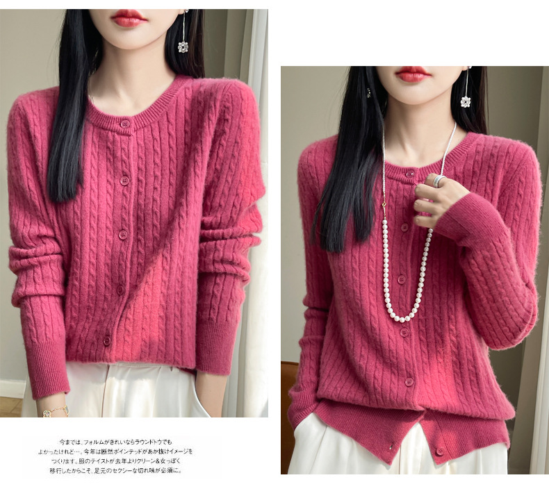 濮院100全羊毛针织毛衣女圆领麻花开衫羊绒外套韩系软糯外穿上衣详情23