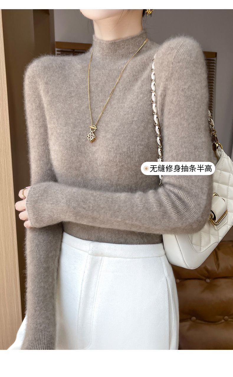 高端纯羊毛毛衣女士半高领秋冬季内搭打底衫针织衫上衣修身显身材详情5