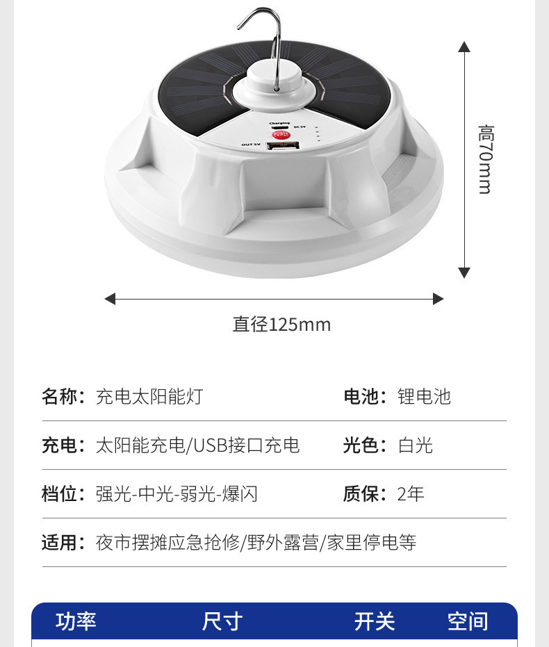 LED太阳能露营灯应急飞碟充电球泡带挂钩摆摊露营户外防水应急灯详情16