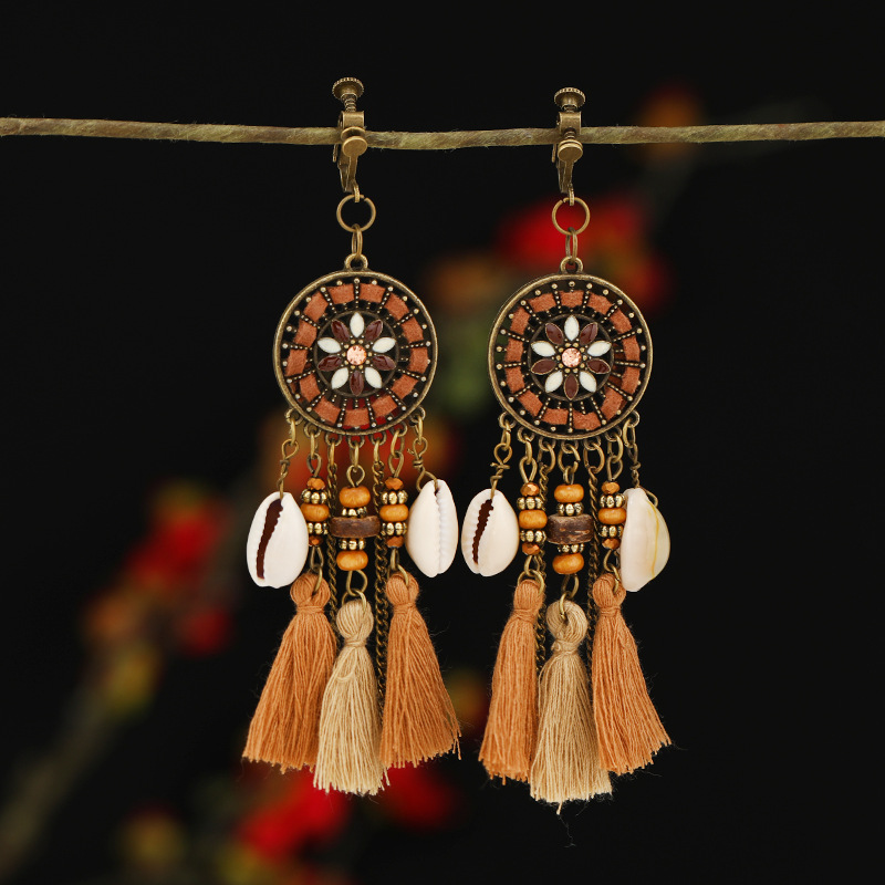 螺旋无痛耳夹女民族风复古长款流苏耳坠波西米亚耳环无耳洞耳饰品详情7