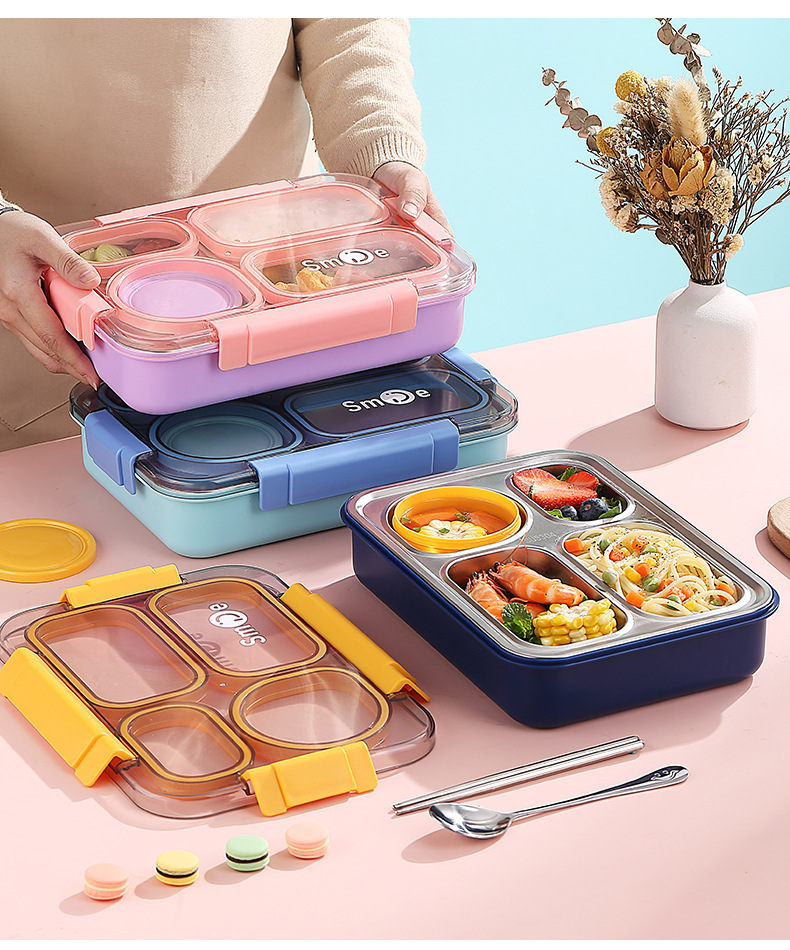 Cross-border best-selling independent sealed stainless steel 4-compartment lunch box with bowl, no cross-flavor student white-collar lunch box pic 13