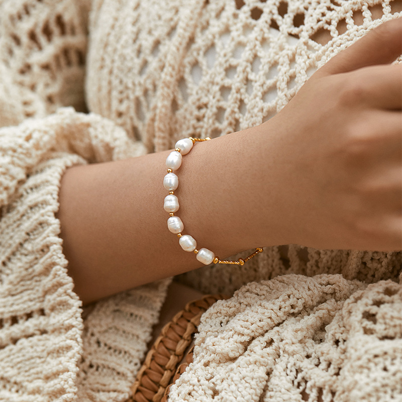 保色淡水珍珠手链质感真金电镀优雅贝珠手串手工气质复古欧美手饰详情9